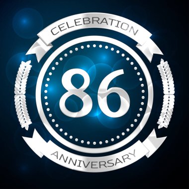 Seksen altı yıl yıldönümü kutlamaları gümüş yüzük ve şerit üzerinde mavi arka plan ile. Vektör çizim