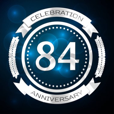 Seksen dört yıl yıldönümü kutlamaları gümüş yüzük ve şerit üzerinde mavi arka plan ile. Vektör çizim