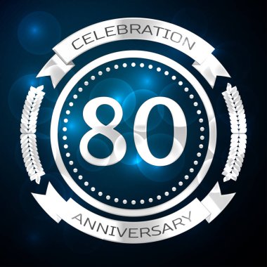 Seksen yıl yıldönümü kutlamaları gümüş yüzük ve şerit üzerinde mavi arka plan ile. Vektör çizim