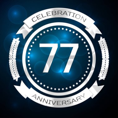 Yetmiş Yedi yıl yıldönümü kutlamaları gümüş yüzük ve şerit üzerinde mavi arka plan ile. Vektör çizim