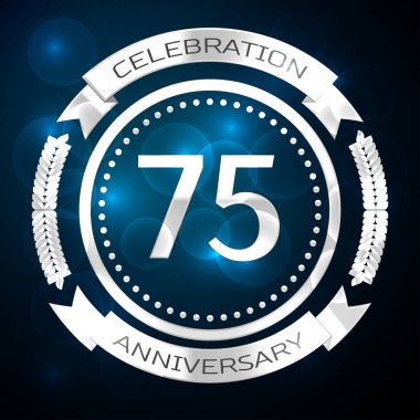 Yetmiş beş yıl yıldönümü kutlamaları gümüş yüzük ve şerit üzerinde mavi arka plan ile. Vektör çizim