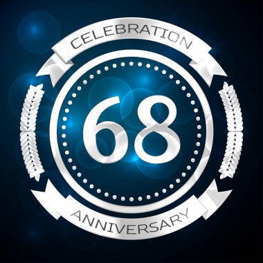 Altmış sekiz yıl yıldönümü kutlamaları gümüş yüzük ve şerit üzerinde mavi arka plan ile. Vektör çizim