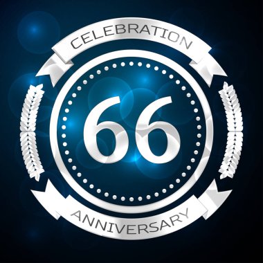 Altmış altı yıl yıldönümü kutlamaları gümüş yüzük ve şerit üzerinde mavi arka plan ile. Vektör çizim