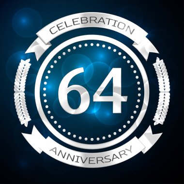 Altmış dört yıl yıldönümü kutlamaları gümüş yüzük ve şerit üzerinde mavi arka plan ile. Vektör çizim