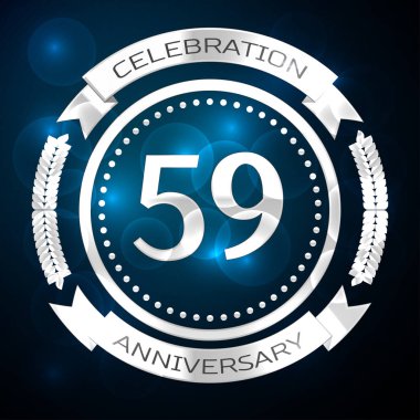 Elli dokuz yıl yıldönümü kutlamaları gümüş yüzük ve şerit üzerinde mavi arka plan ile. Vektör çizim