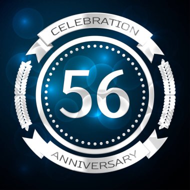 Elli altı yıl yıldönümü kutlamaları gümüş yüzük ve şerit üzerinde mavi arka plan ile. Vektör çizim