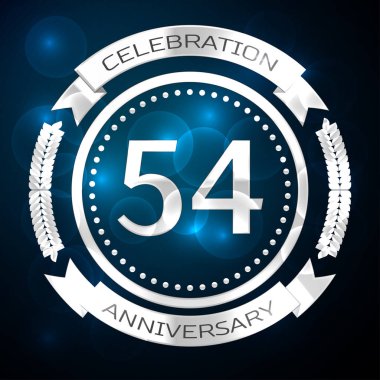 Elli dört yıl yıldönümü kutlamaları gümüş yüzük ve şerit üzerinde mavi arka plan ile. Vektör çizim