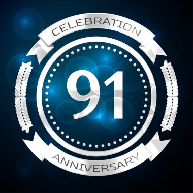 Doksan bir yıl yıldönümü kutlamaları gümüş yüzük ve şerit üzerinde mavi arka plan ile. Vektör çizim