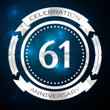 Altmış bir yıl yıldönümü kutlamaları gümüş yüzük ve şerit üzerinde mavi arka plan ile. Vektör çizim