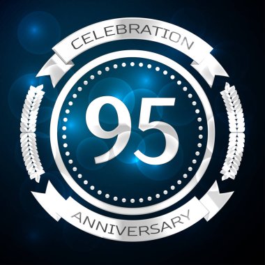 Doksan beş yıl yıldönümü kutlamaları gümüş yüzük ve şerit üzerinde mavi arka plan ile. Vektör çizim