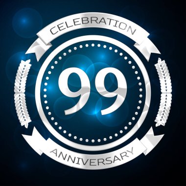 Doksan dokuz yıl yıldönümü kutlamaları gümüş yüzük ve şerit üzerinde mavi arka plan ile. Vektör çizim