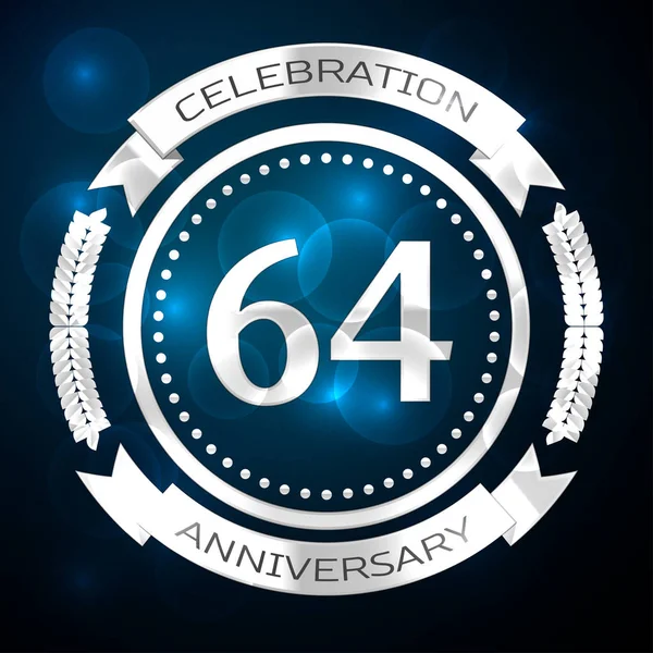 Altmış dört yıl yıldönümü kutlamaları gümüş yüzük ve şerit üzerinde mavi arka plan ile. Vektör çizim