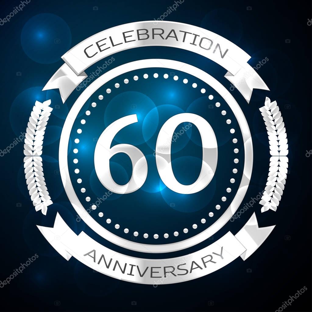 Sixty years anniversary celebration with silver ring and ribbon on blue background. Vector illustration