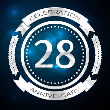 Yirmi sekiz yıl yıldönümü kutlamaları gümüş yüzük ve şerit üzerinde mavi arka plan ile. Vektör çizim