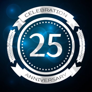 Yirmi beş yıl yıldönümü kutlamaları gümüş yüzük ve şerit üzerinde mavi arka plan ile. Vektör çizim