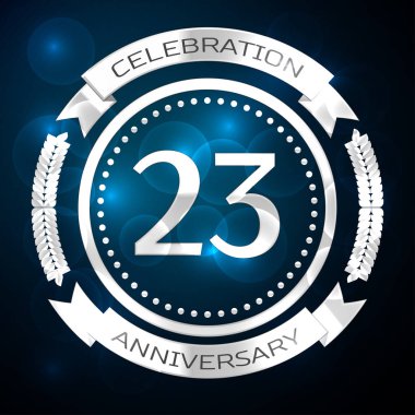 Yirmi üç yıl yıldönümü kutlamaları gümüş yüzük ve şerit üzerinde mavi arka plan ile. Vektör çizim