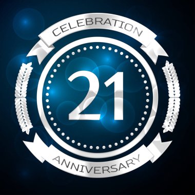 Yirmi bir yıl yıldönümü kutlamaları gümüş yüzük ve şerit üzerinde mavi arka plan ile. Vektör çizim