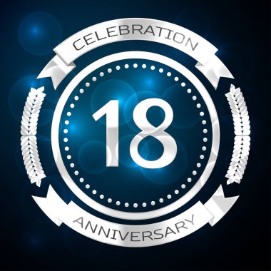 Eighteen years anniversary celebration with silver ring and ribbon on blue background. Vector illustration clipart