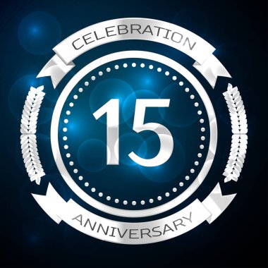 On beş yıl yıldönümü kutlamaları gümüş yüzük ve şerit üzerinde mavi arka plan ile. Vektör çizim