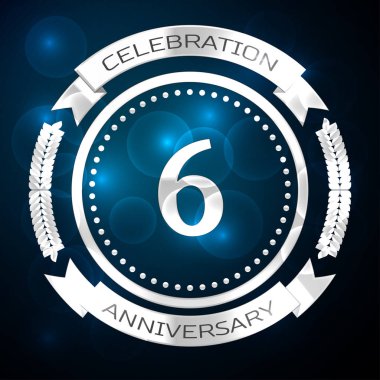 Altı yıl yıldönümü kutlamaları gümüş yüzük ve şerit üzerinde mavi arka plan ile. Vektör çizim