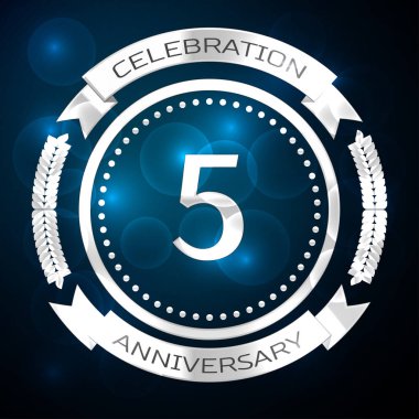 Five years anniversary celebration with silver ring and ribbon on blue background. Vector illustration clipart