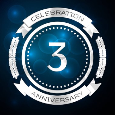 Üç yıl yıldönümü kutlamaları gümüş yüzük ve şerit üzerinde mavi arka plan ile. Vektör çizim