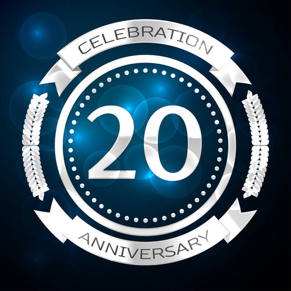 Twenty years anniversary celebration with silver ring and ribbon on blue background. Vector illustration