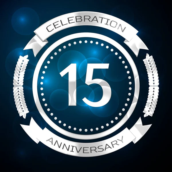 On beş yıl yıldönümü kutlamaları gümüş yüzük ve şerit üzerinde mavi arka plan ile. Vektör çizim