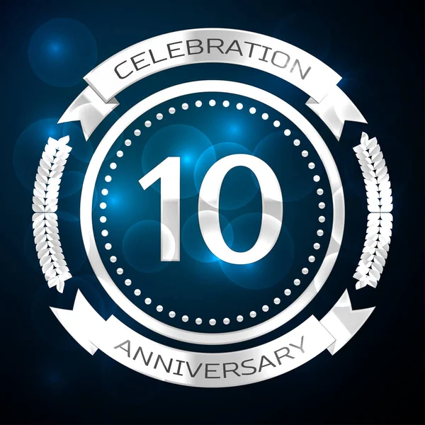 On yıl yıldönümü kutlamaları gümüş yüzük ve şerit üzerinde mavi arka plan ile. Vektör çizim