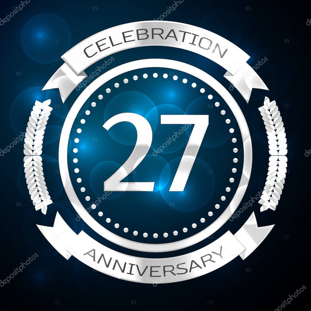 Twenty seven years anniversary celebration with silver ring and ribbon on blue background. Vector illustration