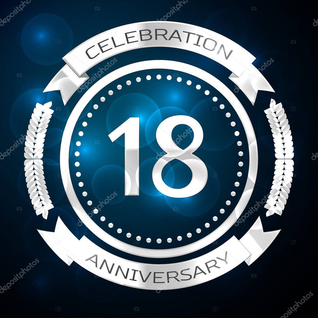 Eighteen years anniversary celebration with silver ring and ribbon on blue background. Vector illustration