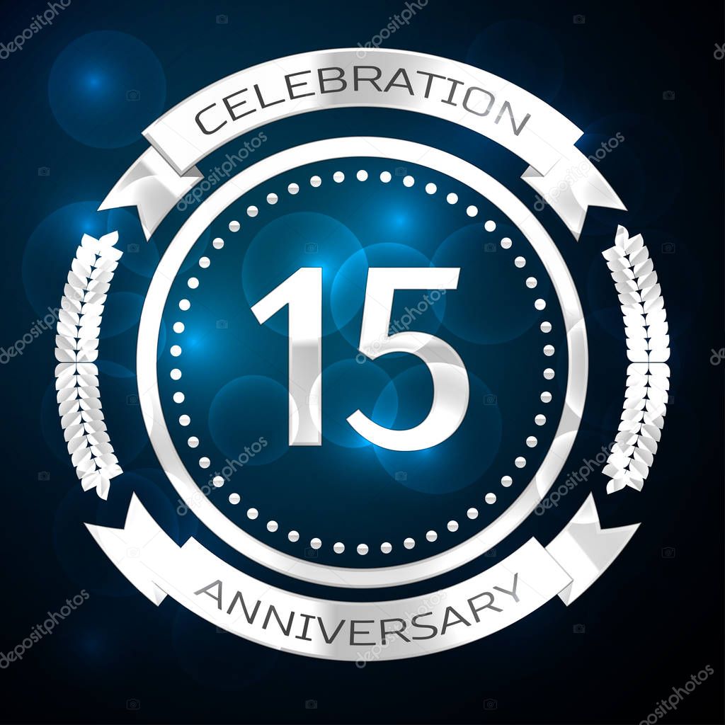 Fifteen years anniversary celebration with silver ring and ribbon on blue background. Vector illustration