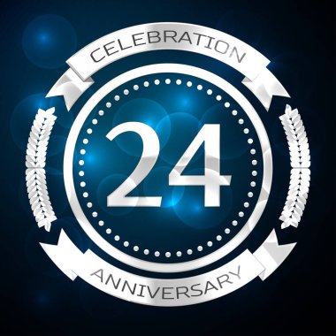 Yirmi dört yıl yıldönümü kutlamaları gümüş yüzük ve şerit üzerinde mavi arka plan ile. Vektör çizim