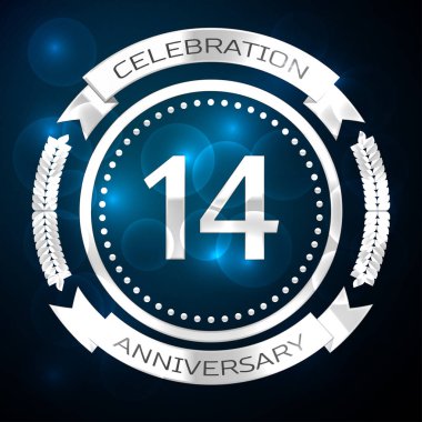 On dört yıl yıldönümü kutlamaları gümüş yüzük ve şerit üzerinde mavi arka plan ile. Vektör çizim