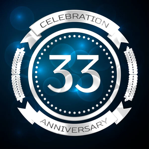 Treinta y tres años de celebración del aniversario con anillo de plata y cinta sobre fondo azul. Ilustración vectorial — Archivo Imágenes Vectoriales