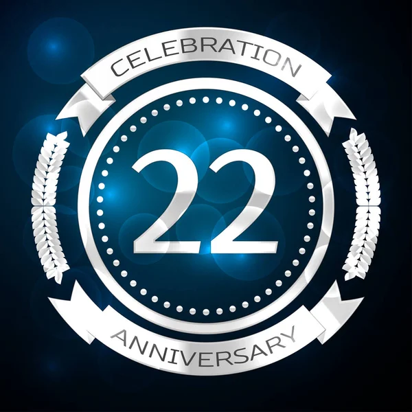 22 年周年記念シルバー リングと青色の背景色のリボン。ベクトル図 — ストックベクタ