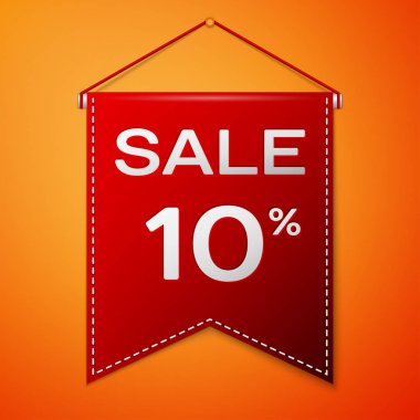 Yazıt Satılık on yüzde ile kırmızı bayrağı turuncu bir arka plan üzerinde indirim. Satılık konsept mağazalar için mağaza Pazar, web ve diğer ticaret. Vektör çizim.