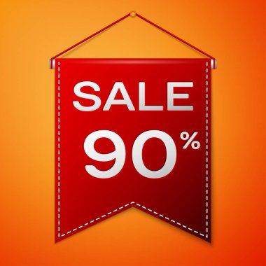 Yazıt Satılık doksan yüzde ile kırmızı bayrağı turuncu bir arka plan üzerinde indirim. Satılık konsept mağazalar için mağaza Pazar, web ve diğer ticaret. Vektör çizim.