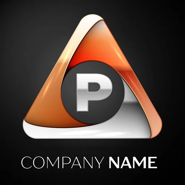 Γράμμα P διανυσματικά λογότυπο σύμβολο στο πολύχρωμο τρίγωνο σε μαύρο φόντο. Διάνυσμα πρότυπο για το σχεδιασμό σας — Διανυσματικό Αρχείο