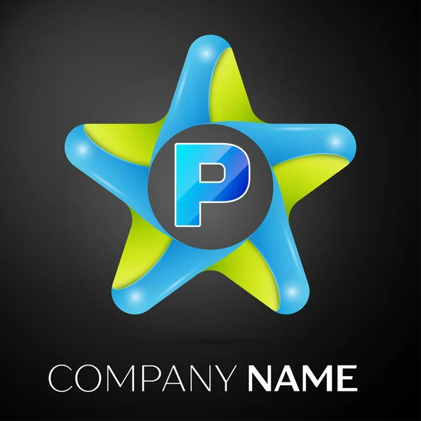 Letter P vector logo symbol in the colorful star on black background. Vector template for your design — Stock Vector