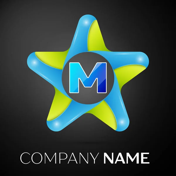 Letra M símbolo del logotipo del vector en la estrella de colores sobre fondo negro. Plantilla vectorial para su diseño — Vector de stock
