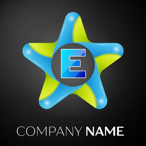 Letra E símbolo do logotipo do vetor na estrela colorida no fundo preto. Modelo de vetor para o seu projeto — Vetor de Stock