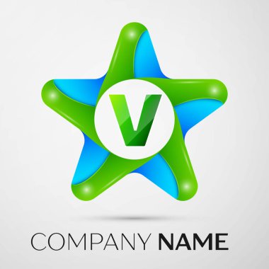 Harf V vektör logo simge gri arka plan üzerinde renkli yıldız. Tasarımınız için vektör şablonu