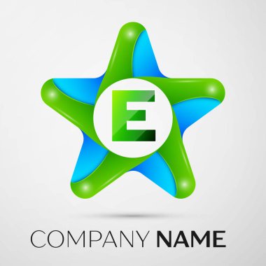 E harfinin vektör logo simge gri arka plan üzerinde renkli yıldız. Tasarımınız için vektör şablonu