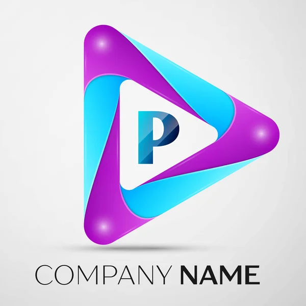 Letter P vector logo symbol in the colorful triangle on grey background. Vector template for your design — Stock Vector