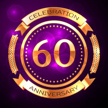 Altın yüzük ve mor arka plan şeritte altmış yıl yıldönümü kutlamaları.