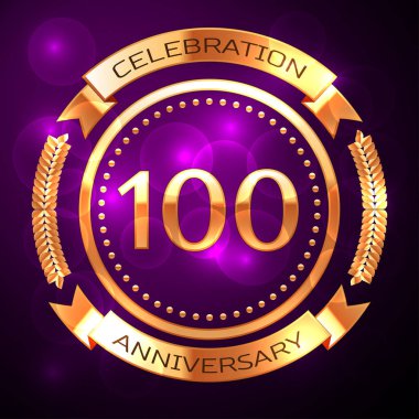 Yüz yıl yıldönümü kutlamaları altın yüzük ve mor zemin üzerine şerit.