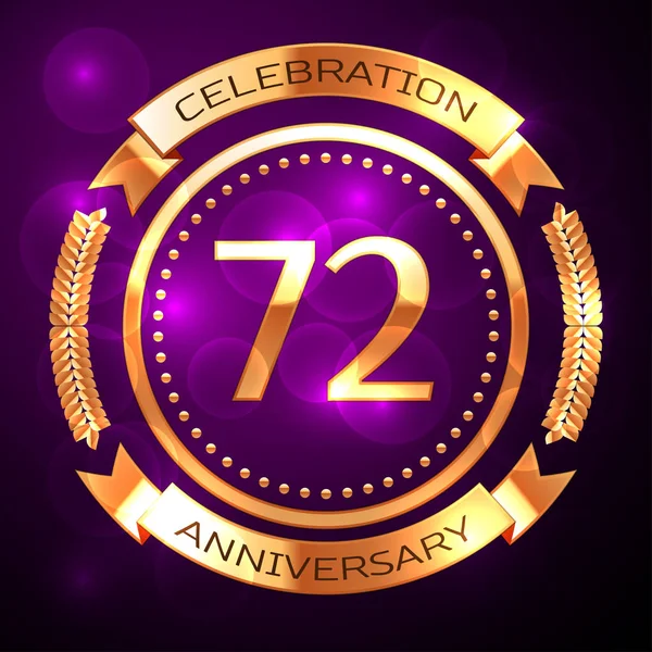 Soixante-douze ans célébration anniversaire avec anneau d'or et ruban sur fond violet . — Image vectorielle