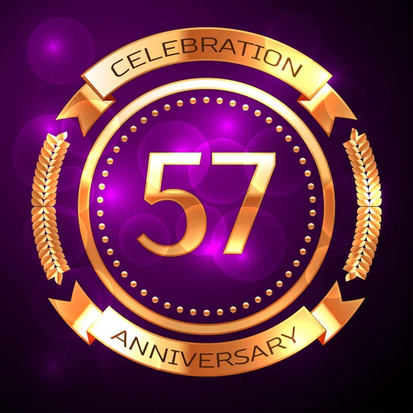 Fifty seven years anniversary celebration with golden ring and ribbon on purple background. — Stock Vector