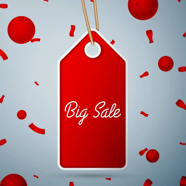 Červená vlajka s nápisem velký prodej nad šedým pozadím a konfety. Prodejní koncept pro obchody ukládat trhu, webových stránek a jiných obchodu. Vektorové ilustrace. — Stockový vektor